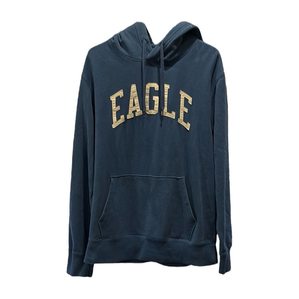 Men’s American Eagle Blue Pullover Hoodie with Front Text and Relaxed Fit